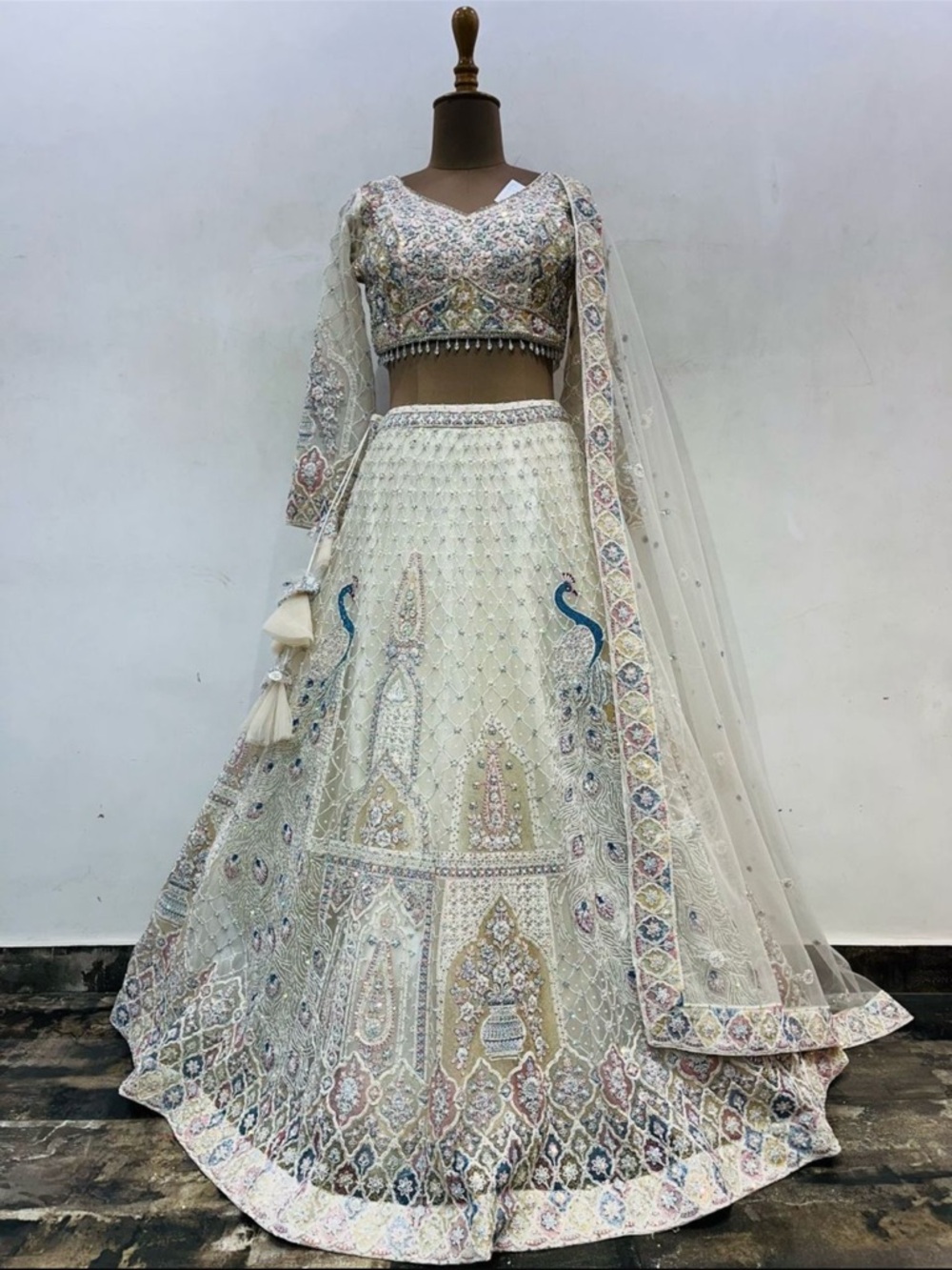 Embellished Ivory Lehenga with Peacock Details